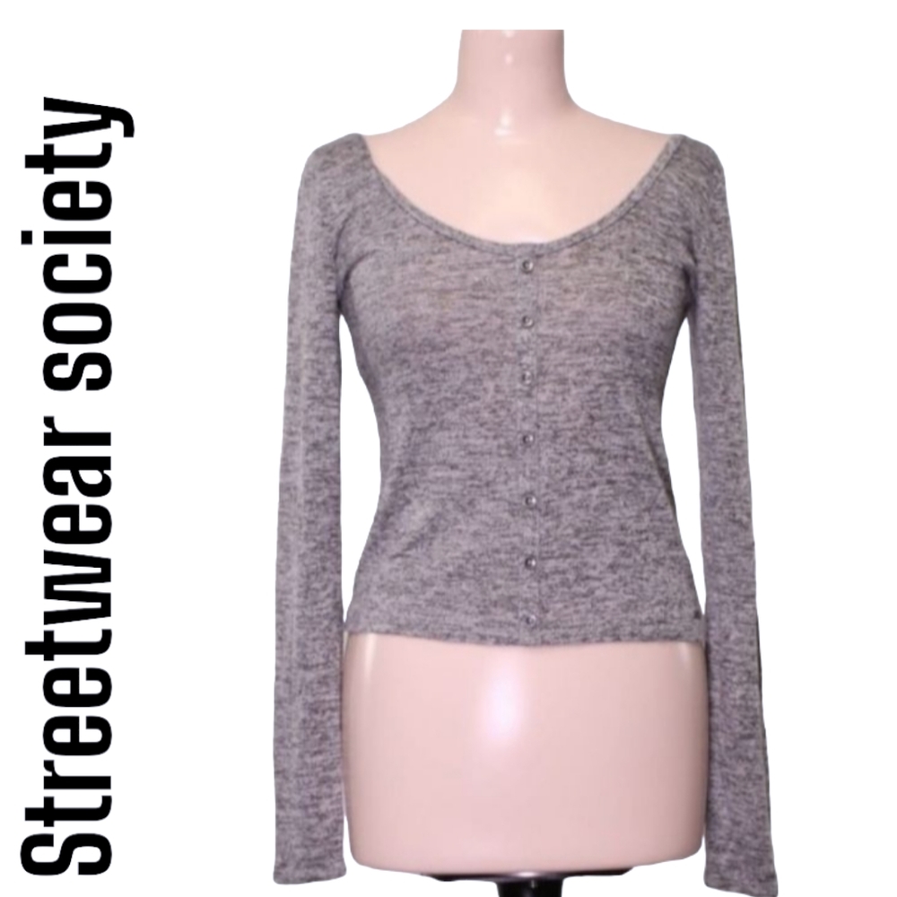 Top Grey Long Sleeve Marble Knit Form-Fitting